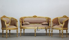 Divano Poltrona Salotto Luigi XV in foglia oro stile barocco tessuto crema e mar