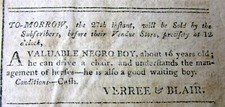 1803 Charleston SOUTH CAROLINA giornale NEGR0 BOY in VENDITA all'ASTA come SCHIAVO 