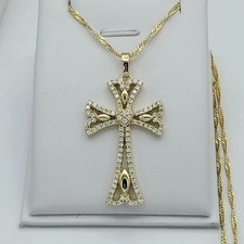 Catena ciondolo fantasia croce diamante simulato taglio tondo placcato oro giallo 14 kt
