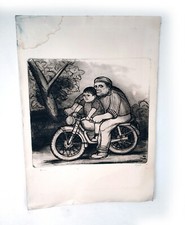 Prova originale del quadro "Muratore con figlio in moto" di Remo Pasetto 1980