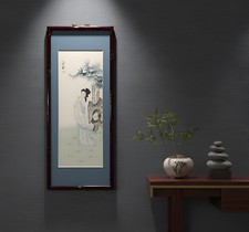 Pannello verticale cinese dipinto a mano - Signora elegante con bambù e roccia 60x25 cm