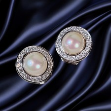 Orecchini Clip Vintage Insegna Christian Dior Silvertone Halo Finta Perla Strass