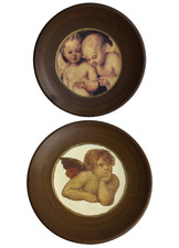 Coppia Piatti Da Muro Vintage Ceramica Artistica Stampa Amorini e Bordo Dorato