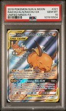 Raichu & Alolan Raichu GX 221/236 Sun & Moon-Unified Minds Holo PSA 10 GEM come nuovo