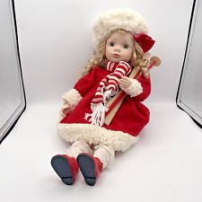 Bambola Riccioli Biondi Natalizia Con Sci E Cappellino Porcellana Vintage 45cm