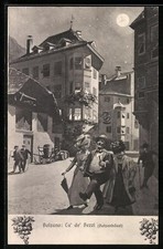 Cartolina artistica Bolzano, Ca' de' Bezzi, Batzenhäusl, gente che beve per strada 