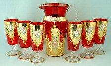 Servizio vetro soffiato Murano Brocca calici Oro Fiori rilievo pasta vetro opaca
