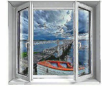 WALL STICKERS ADESIVO MURALE 90X90 3D PAESAGGIO BARCA MARE BANCHINA GONDOLA