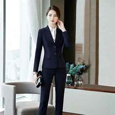 Elegante Tailleur completo donna blu scuro giacca manica lunga pantaloni 7176