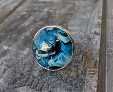 Anello azzurro, regolabile acciaio inox, handmade, vetro dipinto, effetto mare