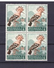 Francobolli San Marino 1960 Fauna Uccelli 4 Lire Upupa MNH QUARTINA SAS513
