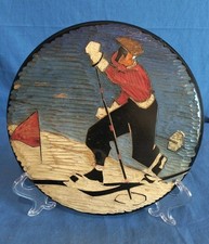 Bassorilievo Tondo Legno Abete Sci Di Fondo Antico Smaltato Sportivo 