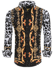 Uomo Premiere Pulsante Manica Lunga Giù Camicia Seta Nero Oro Leopardo 637N