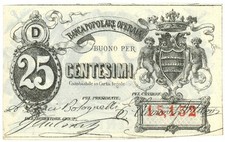 25 CENTESIMI BIGLIETTO FIDUCIARIO BANCA POPOLARE OPERAIA DI ROMA 1872 SUP-