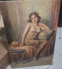 Dipinto Ad Olio Antico Donna Seduta