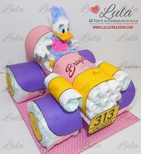 Torta Pannolini macchina Paperina con nome, nascita battesimo baby shower bimba