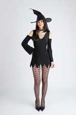 Halloween abito strega nero con strass, cappello e calze a rete, misura 38/42