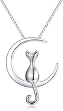 Collana in Argento Sterling 925, Ciondolo Piccolo Gatto Sulla Luna, Gioielli Con