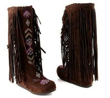 Mocassini indiani ricamati donna stivali al ginocchio retrò nappe scarpe