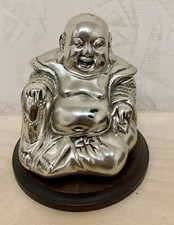 Buddha d'argento felice da tavolo rivestito argento 925 Alt. 10cm cesellato a ma