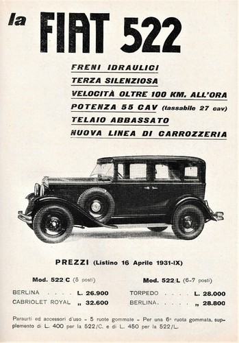 Pubblicita 1931 auto fiat 522 - 1931,