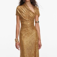 Abito Midi Drape In Raso D'Oro Con Strass $895 Taglia US 6 UK 10