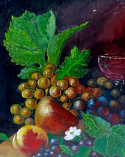 Quadro dipinto ad olio su tavoletta natura morta pere e uva