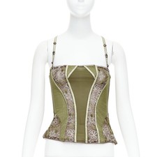 raro corsetto bustier JOHN GALLIANO vintage verde oro pizzo trasparente disossato top S