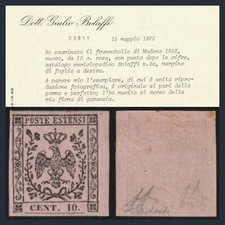 ASI 1852 Modena cent. 10 rosa n 9 Certificato Bolaffi Nuovo Antichi Stati Italia