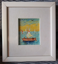 olio su tavola Mario Fattori (1930) marina con barche cm.27,5x24,7