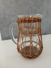 Antica Brocca Caraffa in Vetro Rivestita in Vimini Vintage 20 cm
