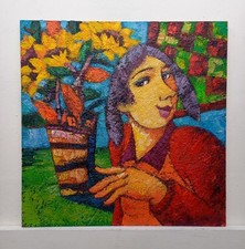 QUADRO DIPINTO PAESAGGIO FIGURA GIRASOLI OLIO TAVOLA CM40X40