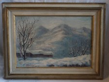 PEIRONE QUADRO AD OLIO PAESAGGIO MONTAGNA NEVE 33x23 PIU' CORNICE META'  '900