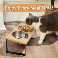 Ciotola Rialzata per Gatti con Supporto in Legno, Antivomito, 2 Ciotole