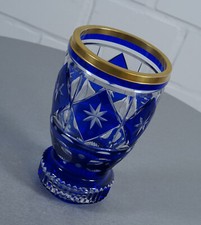 Vaso in cristallo al piombo vaso di fiori finitura fine blu cobalto bordo oro...