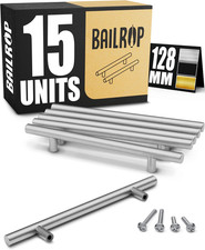 15 Maniglie Inox 200Mm Ø12Mm per Mobili Da Cucina, Distanza tra i Fori 128Mm