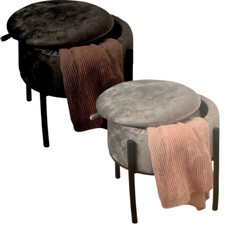 Pouf Contenitore Velluto Rotondo Puff Nero a 4 Gambe 30cm  Poggiapiedi Moderno