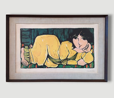 Domenico Cantatore Litografia a Colori Firmata Donna Sdraiata in Giallo Odalisca