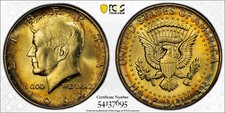 1964 Kennedy mezzo dollaro PCGS scudo oro MS65 tono arcobaleno PQ