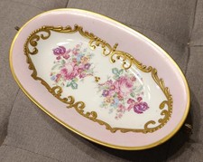 ANTICO CENTROTAVOLA IN PORCELLANA LIMOGES DIPINTO A MANO CON DECORAZIONI OTTONE