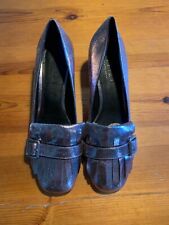scarpe mocassino con frange, in similpelle argento tacco 5,5. Nuove 