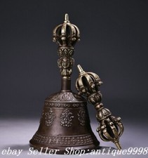 Set campana e supporto 6,6" vecchio Tibet Xizang bronzo Dorje Vajra pugnale Phurba FaQi