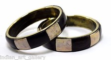 Due Vintage Indiano Ottone Bracciale Rigido Grazioso Mosaico Legno & Ivr