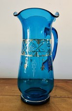 Antica Caraffa In Vetro Blu Dipinta Art Decó 