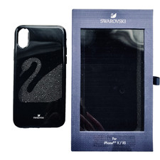 COVER TELEFONO SWAROVSKI NERA CON DESIGN SCINTILLANTE CIGNO per I PHONE X/XS IN CUSTODIA