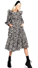 Abito Sandy Liang donna XXS nero bianco cotone stampa leopardata volant midi nuovo con etichette