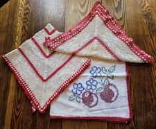 LOT of Vintage 60s Hand EMBROIDERED & CROCHET square TABLECLOTHS red SHAWL READ