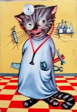 CARTOLINA con OCCHI MOBILI. GATTO DOTTORE 1963 