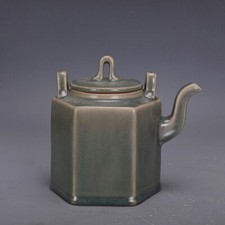5.9" China Song Ruyao Porcelain Green Glaze Six Sides Zhi Kettle