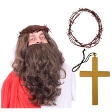 SET ADULTO GESÙ CRISTO PARRUCCA BARBA CORONA DI SPINE ABITO NATALE RELIGIOSO
